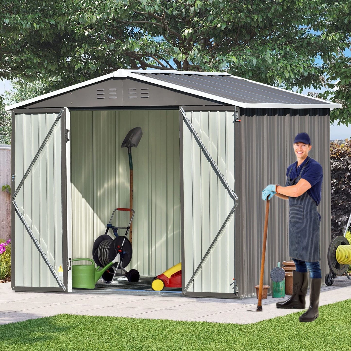 DHPM Organisateur d'abri de rangement extérieur en métal de 6x8 pieds, maison à outils de jardin avec armoire à outils avec évents et cadre de fondation pour arrière-cour, patio, garage, pelouse gris-6x8 pieds 