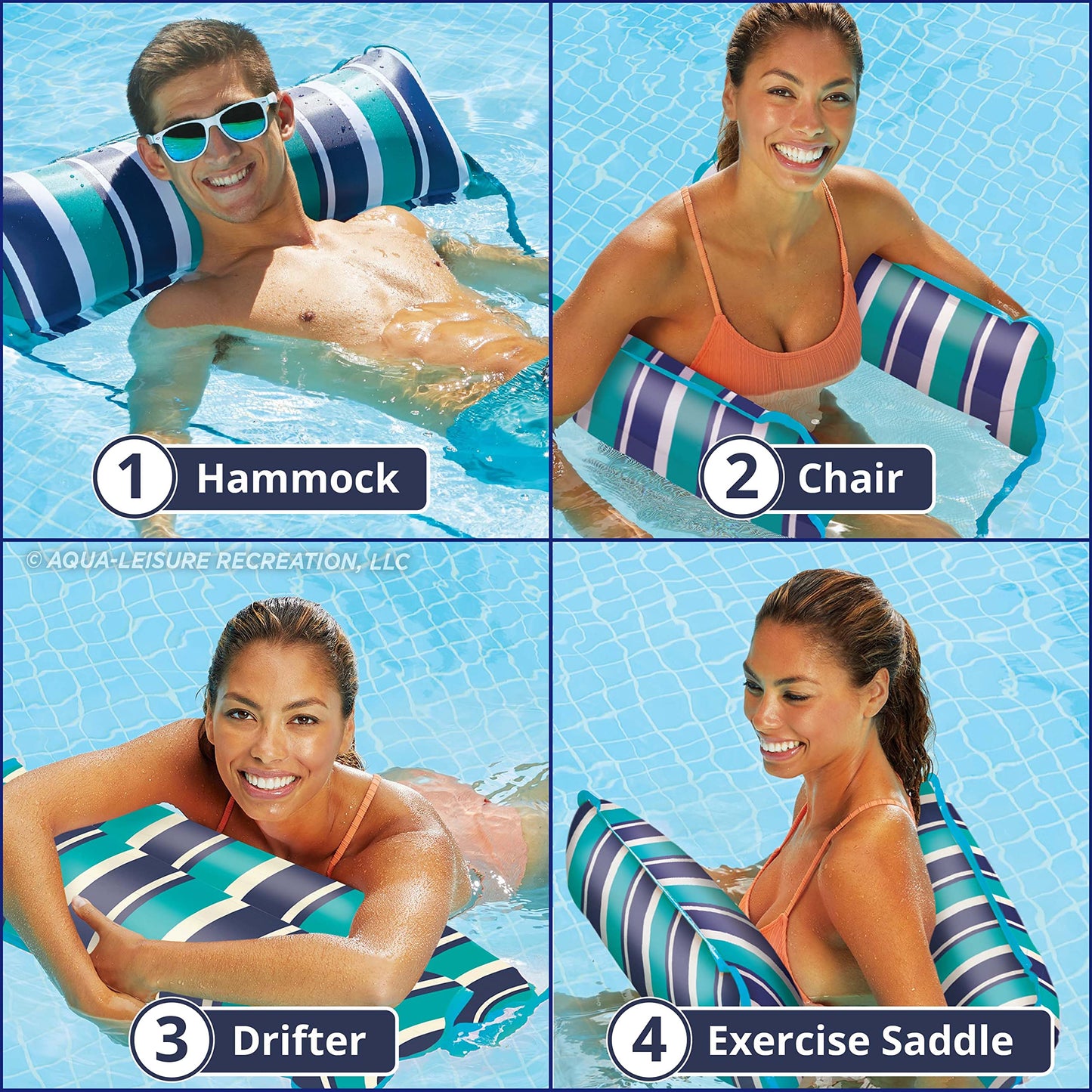 Aqua Original 4-en-1 Monterey Hammock Flotteur de piscine et hamac d'eau - Flotteurs de piscine gonflables polyvalents pour adultes - Matériau PVC épais et antiadhésif breveté Bleu sarcelle XL Hamac