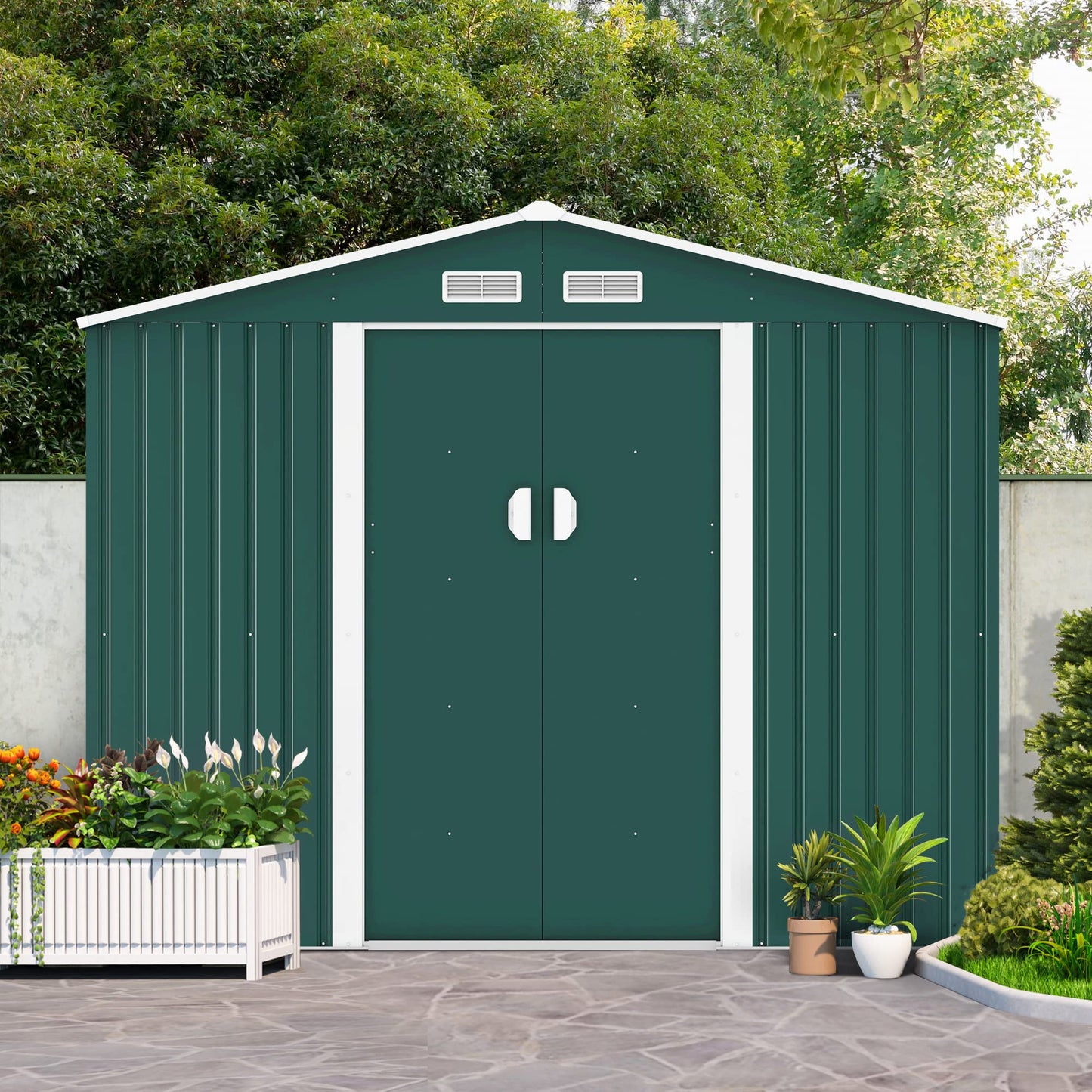 JAXPETY 6.3' x 9.1' Large Outdoor Garden Storage Shed, Backyard Steel Utility Tool Shed, Lawn Garage Building Organizer w/Sliding Door, Gable Roof, 4 Vents- Green