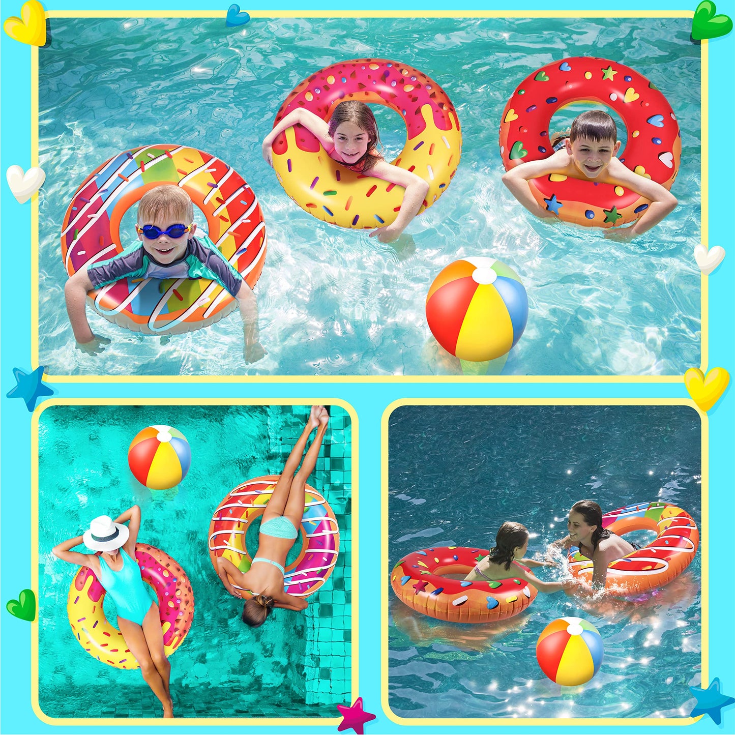 90shine 5PCS Donut Piscine Flotteurs Donut Anneaux De Natation avec 13.5 "Ballon De Plage- Tubes Gonflables Floaties Jouets pour Enfants Adultes