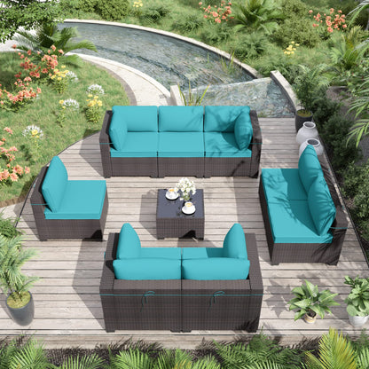 ALAULM 9 Pieces Outdoor Patio Furniture Set Sectional Sofa Sets - Blue