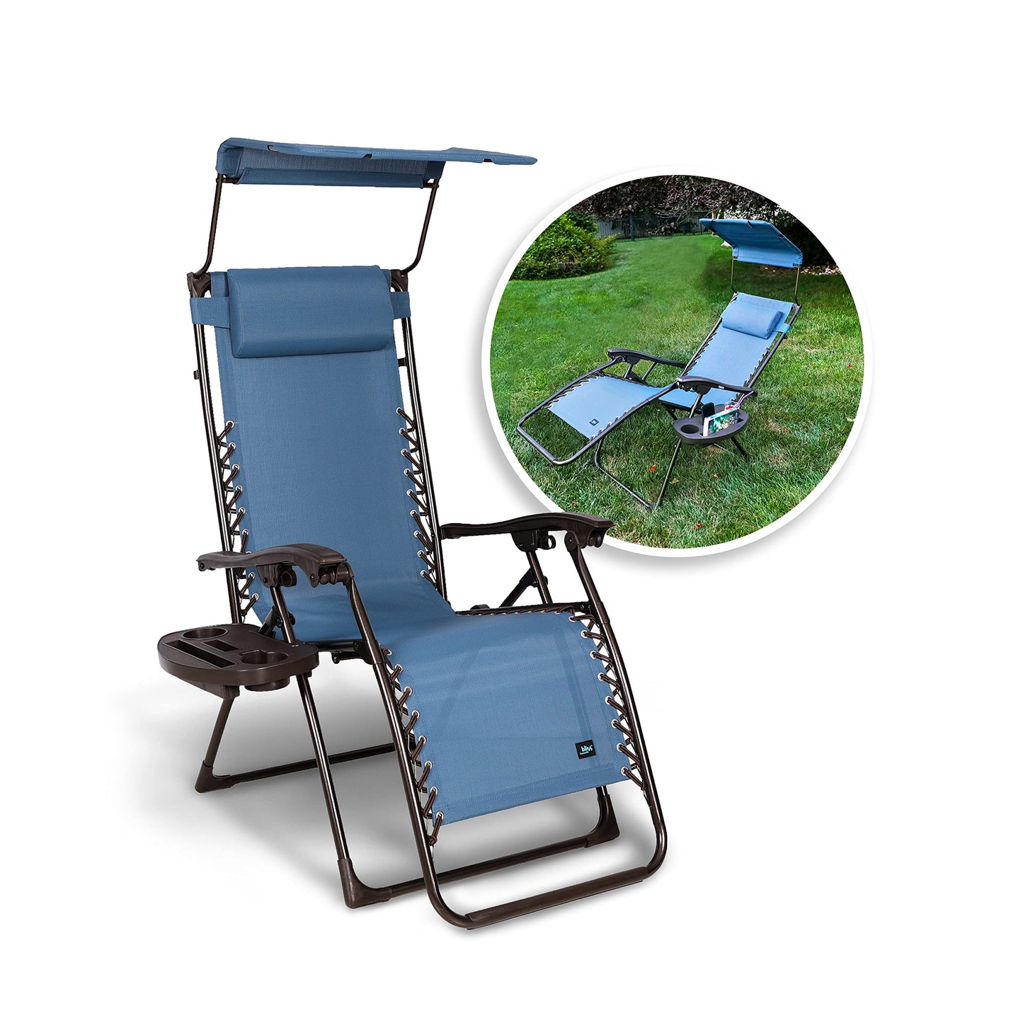 Bliss Hammocks GFC-436DB Chaise sans gravité avec auvent, oreiller et plateau à boissons, 26 po. Large, résistant aux intempéries et à la rouille, 300 lb. Capacité Single Pack 26 pouces Denim Blue