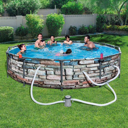 Bestway 56817E 12' x 30" Steel Pro Max Round Steel Frame 5-Person 1,710 Gallon Above Ground Swimming Pool Kit with Filter Pump and Filter, Stone Print 12' x 30" - Stone Print