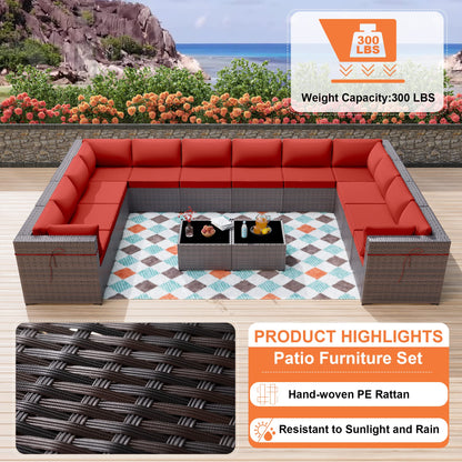 ALAULM 14 Pieces Outdoor Patio Furniture Set Sectional Sofa Sets - Red