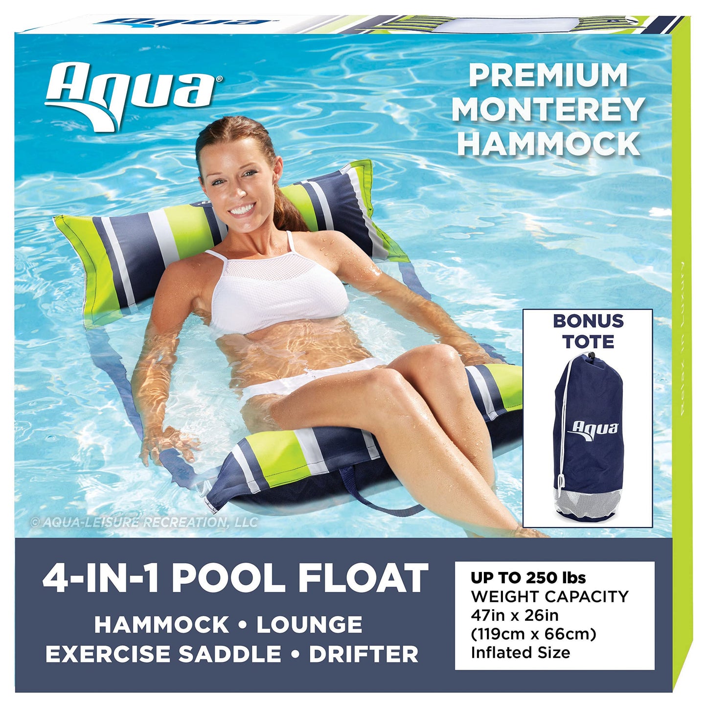 Aqua Original Monterey Hamac 4 en 1 Flotteur de piscine et hamac d'eau – Flotteurs de piscine gonflables polyvalents pour adultes – Matériau PVC épais et antiadhésif breveté Hamac bleu marine et vert