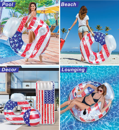 Flotteur de piscine gonflable USA POZA - Chaise longue amusante luxueuse remplie de confettis étoiles argentées scintillantes, flotteurs de piscine à eau au design drapeau américain cool pour la plage, le lac et la piscine USA Tube de luxe