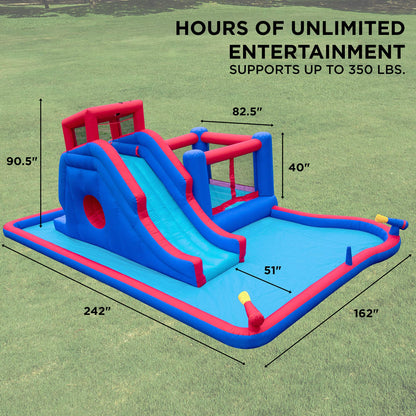 Sunny & Fun 2-in-1 Bounce & Blast Inflatable Water Slide Park – Heavy-Duty for Outdoor Fun - Climbing Wall, Slide, Bouncer & Splash Pool – Easy to Set Up, Included Air Pump & Carrying Case