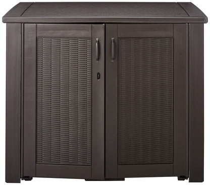 Rubbermaid Patio Chic Resin Weather Resistant Outdoor Storage Deck Box, 123 Gal, Black Oak Rattan Wicker Basket Weave, Outdoor Cushions, Garden Tools, Pool Toys, Brown Cabinet + Large Deck Box 150GL