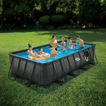 Summer Waves 16 Foot Long 42 Inch Deep Outdoor Above Ground Rectangular Swimming Pool with Dark Herringbone Elite Frame, Filter Pump, and Ladder