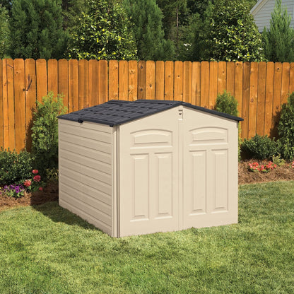 Rubbermaid Slide-Lid Resin Weather Resistant Outdoor Storage Shed, 6 x 3.75 feet, 96 cu. ft., Olive/Sandstone, for Garden/Backyard/Home/Pool Sandstone Slide Lid