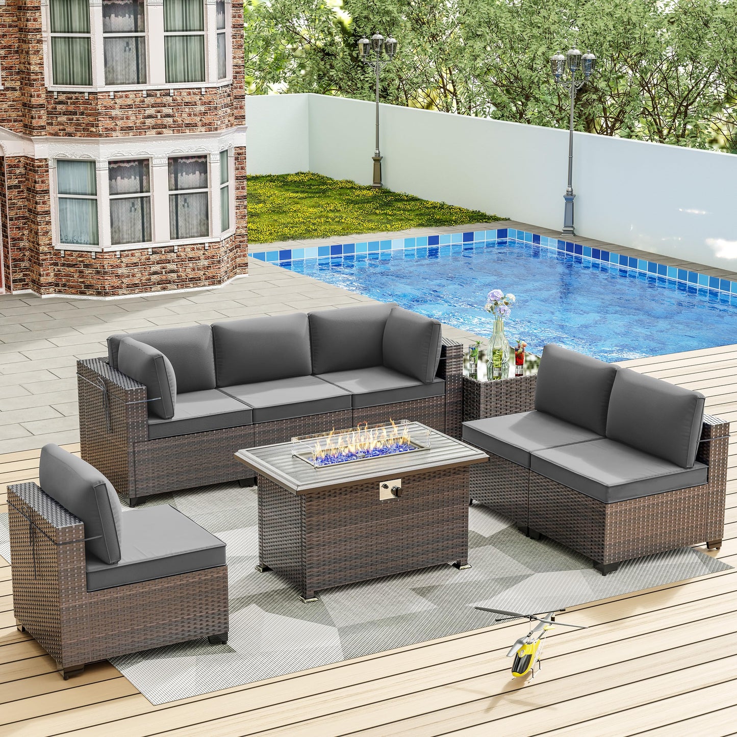 ALAULM 8 Pieces Outdoor Patio Furniture Set with Propane Fire Pit Table Outdoor Sectional Sofa Sets (Grey)