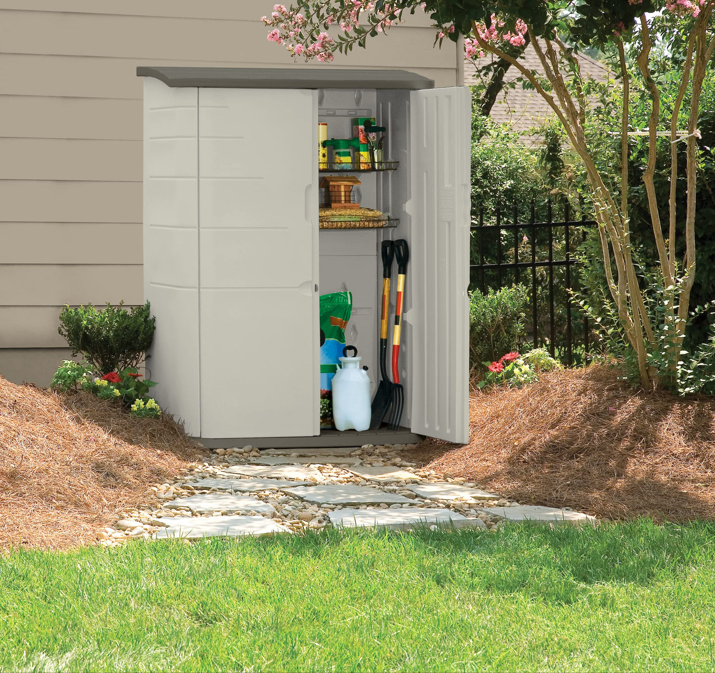 Rubbermaid Large Vertical Resin Weather Resistant Outdoor Storage Shed, 4.5 x 2.5 ft.,Sandstone/Olive Steel, for Garden/Backyard/Home/Pool 2.5'x4.5'