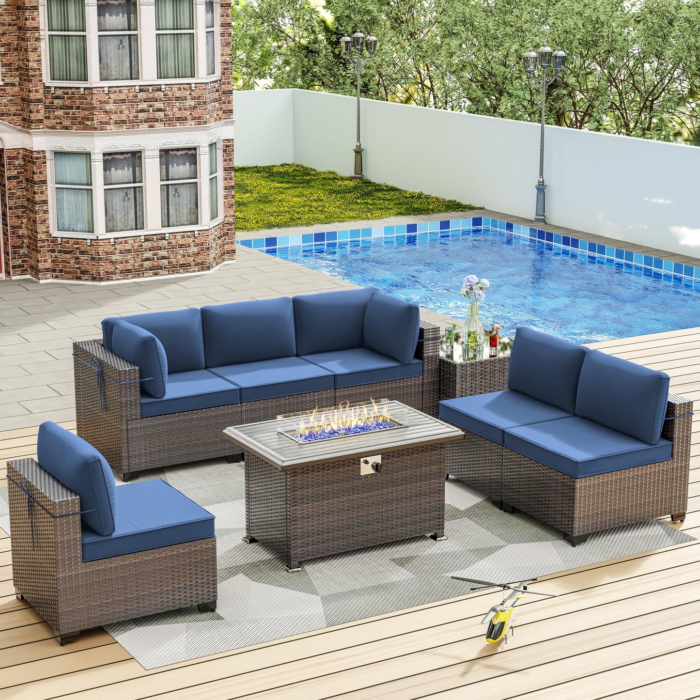 ALAULM 8 Pieces Patio Furniture Set with Propane Fire Pit Table Outdoor Sectional Sofa Sets - Navy Blue