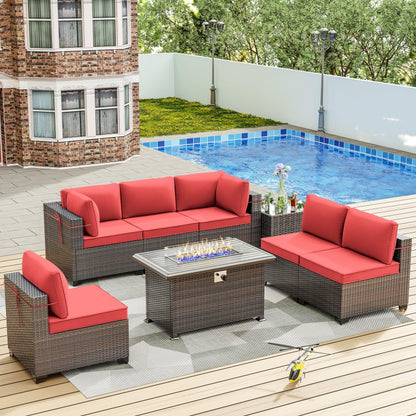 ALAULM 8 Pieces Outdoor Patio Furniture Set with Propane Fire Pit Table Outdoor Sectional Sofa Sets(Coral Red)