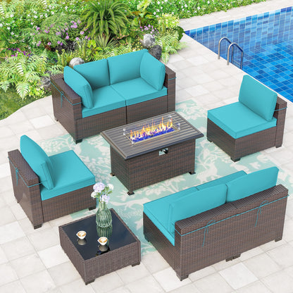 ALAULM 8 Pieces Outdoor Patio Furniture Set with Propane Fire Pit Table Outdoor Sectional Sofa Sets (New Blue)