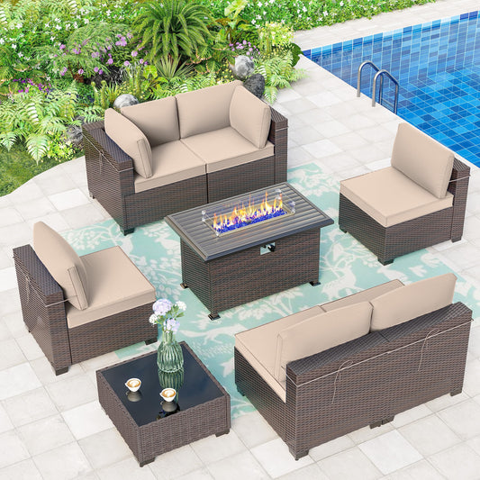 ALAULM 8 Pieces Outdoor Patio Furniture Set with Propane Fire Pit Table Outdoor Sectional Sofas (Khaki)