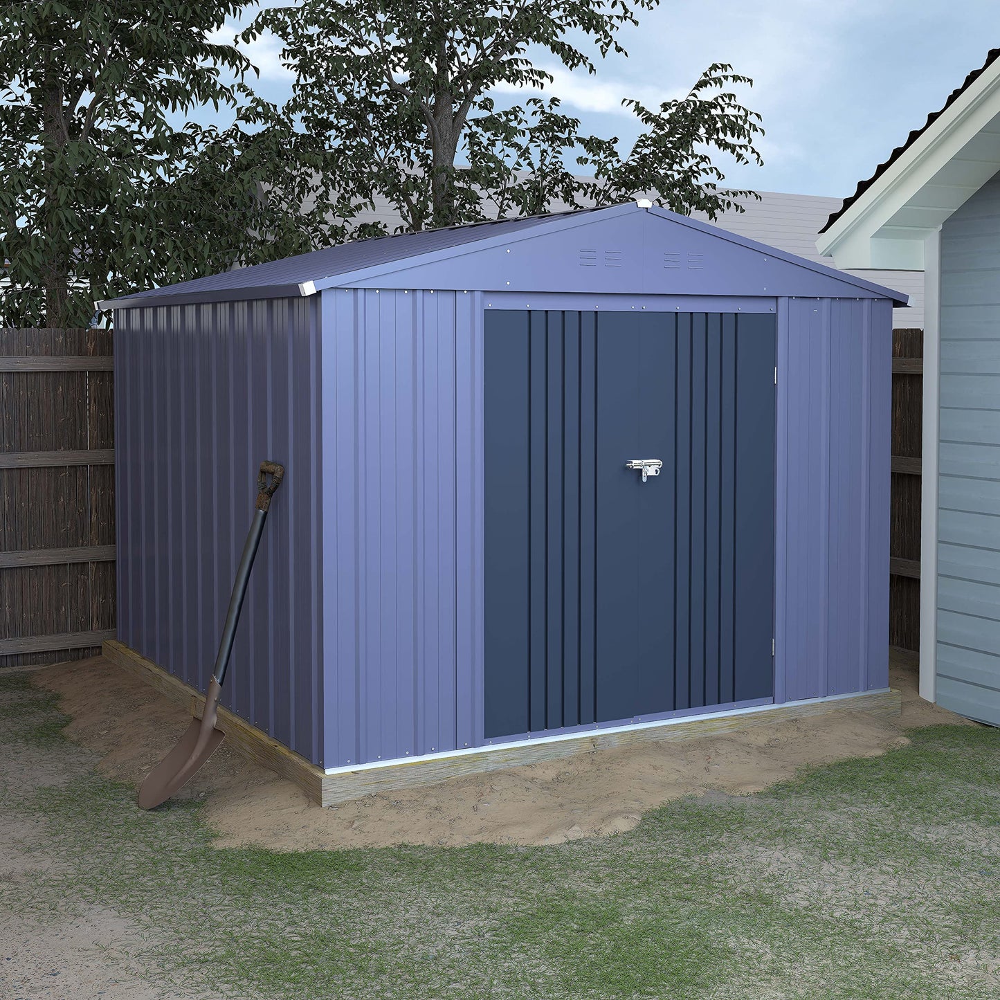 VEIKOU 8' x 10' Storage Sheds Outdoor with Thickened Galvanized Steel, Lockable Door, Air Vents, Garden Tool Metal Storage Shed for Patio, Gray