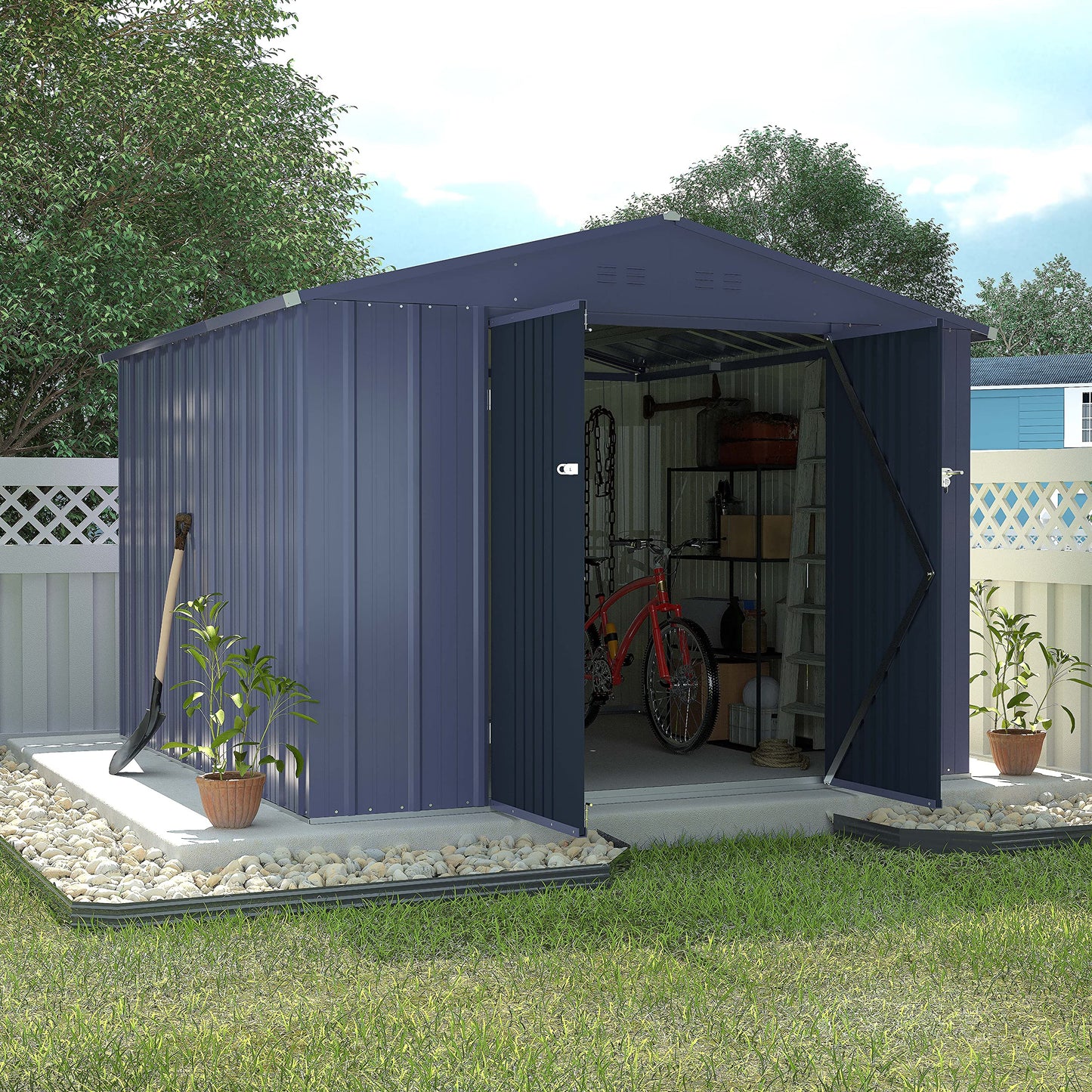 VEIKOU 8' x 10' Storage Sheds Outdoor with Thickened Galvanized Steel, Lockable Door, Air Vents, Garden Tool Metal Storage Shed for Patio, Gray