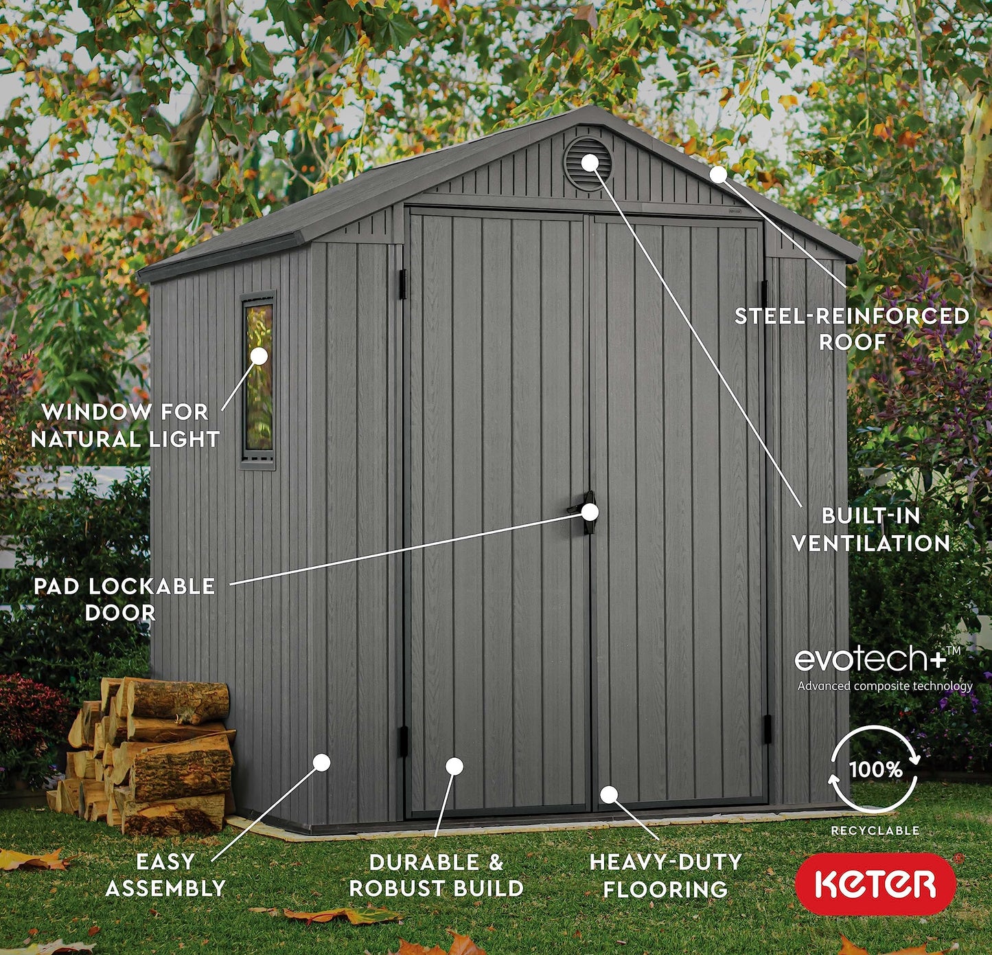 Keter Darwin 6 x 6 Foot Spacious Heavy Duty Outdoor Storage Shed for Organizing Garden Accessories and Tools with Double Doors and High Ceiling, Gray