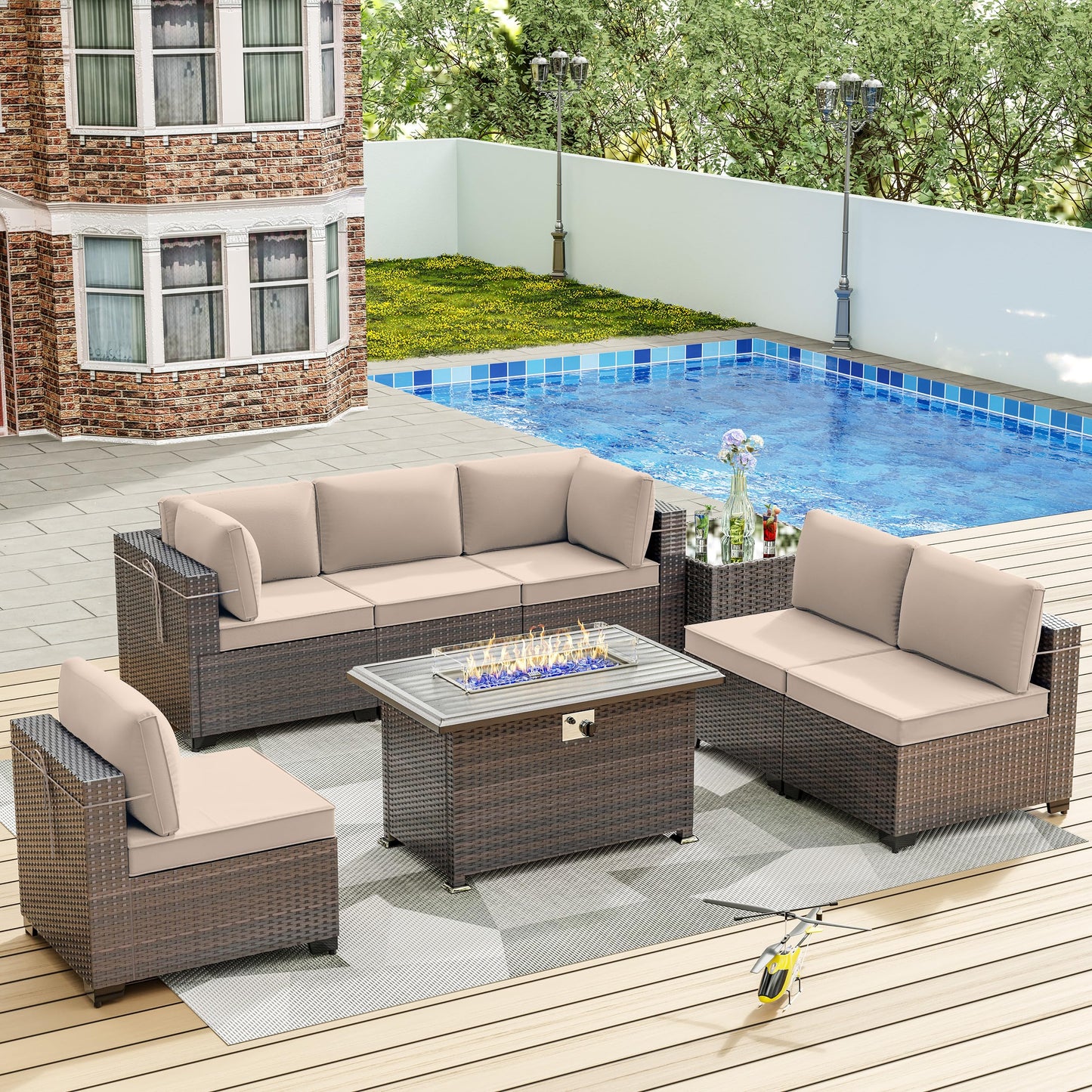 ALAULM 8 Pieces Outdoor Patio Furniture Set with Propane Fire Pit Table Outdoor Sectional Sofas (Khaki)
