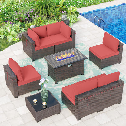 ALAULM 8 Pieces Outdoor Patio Furniture Set with Propane Fire Pit Table Outdoor Sectional Sofa Sets(Coral Red)