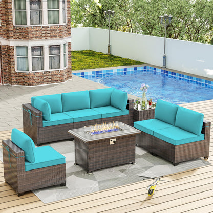 ALAULM 8 Pieces Outdoor Patio Furniture Set with Propane Fire Pit Table Outdoor Sectional Sofa Sets (New Blue)