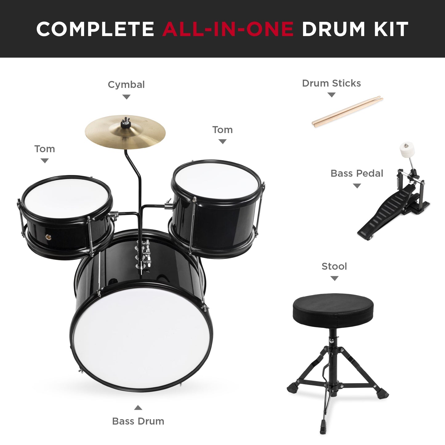 Kids Beginner 3-Piece Drum, Musical Instrument Set w/ Sticks, Stool, Pedal