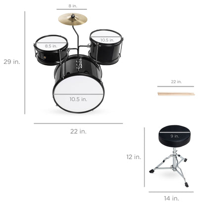 Kids Beginner 3-Piece Drum, Musical Instrument Set w/ Sticks, Stool, Pedal