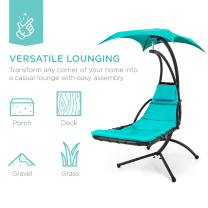 Hanging Curved Chaise Lounge Chair w/ Built-In Pillow, Removable Canopy