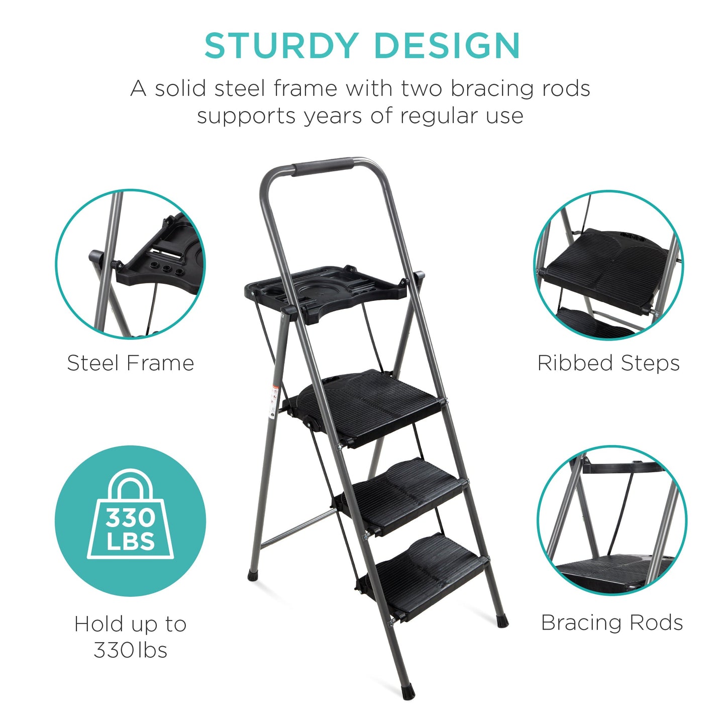 3-Step Folding Steel Ladder w/ Utility Tray, Hand Grip, 330lb Capacity