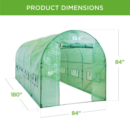 Walk-In Greenhouse Tunnel Tent w/ Roll-Up Windows, Zippered Door - 15x7x7ft