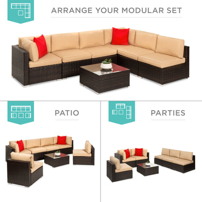 7-Piece Modular Wicker Sectional Conversation Set w/ 2 Pillows, Cover