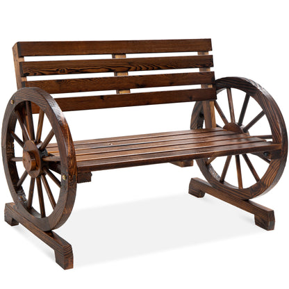 2-Person Rustic Wooden Wagon Wheel Bench w/ Slatted Seat and Backrest