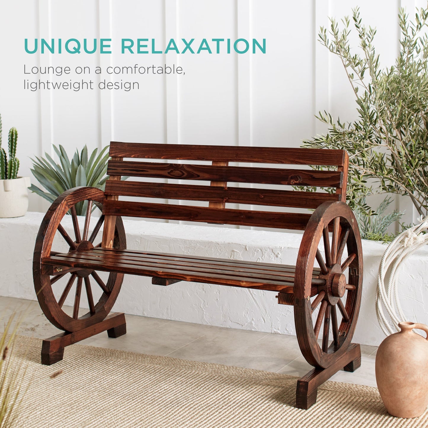 2-Person Rustic Wooden Wagon Wheel Bench w/ Slatted Seat and Backrest