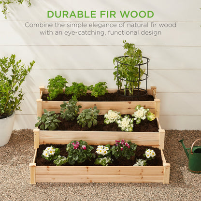 3-Tier Raised Fir Wood Garden Bed Planter w/ Stackable & Flat Setup