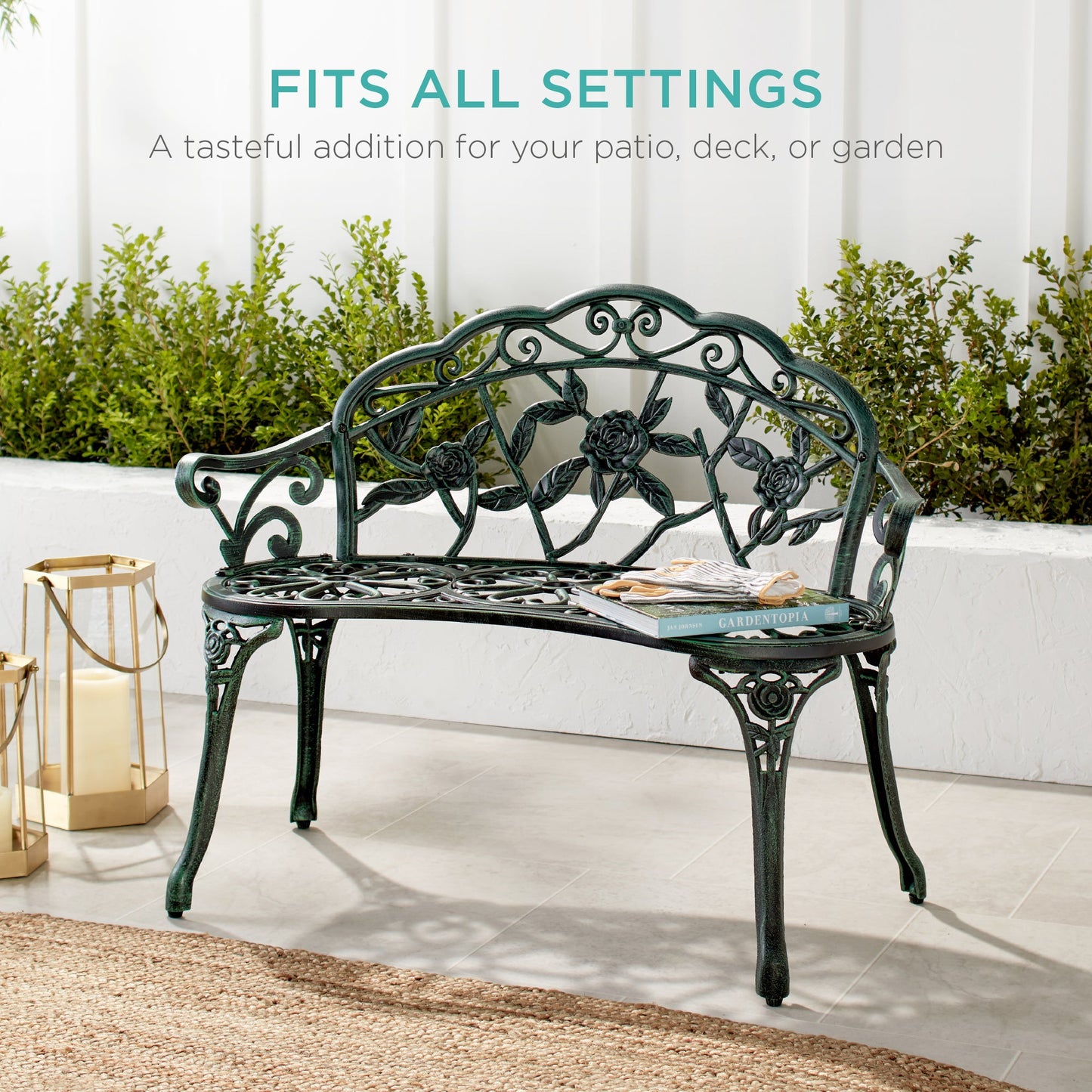 Steel Garden Bench Outdoor Patio Furniture w/ Floral Rose Accent  - 39in