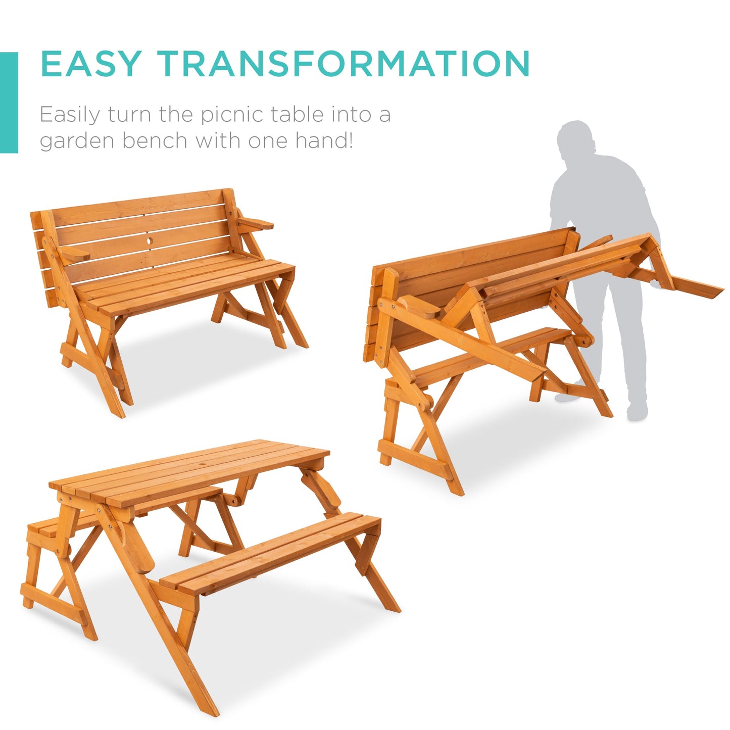 2-in-1 Outdoor Interchangeable Wooden Picnic Table/Garden Bench