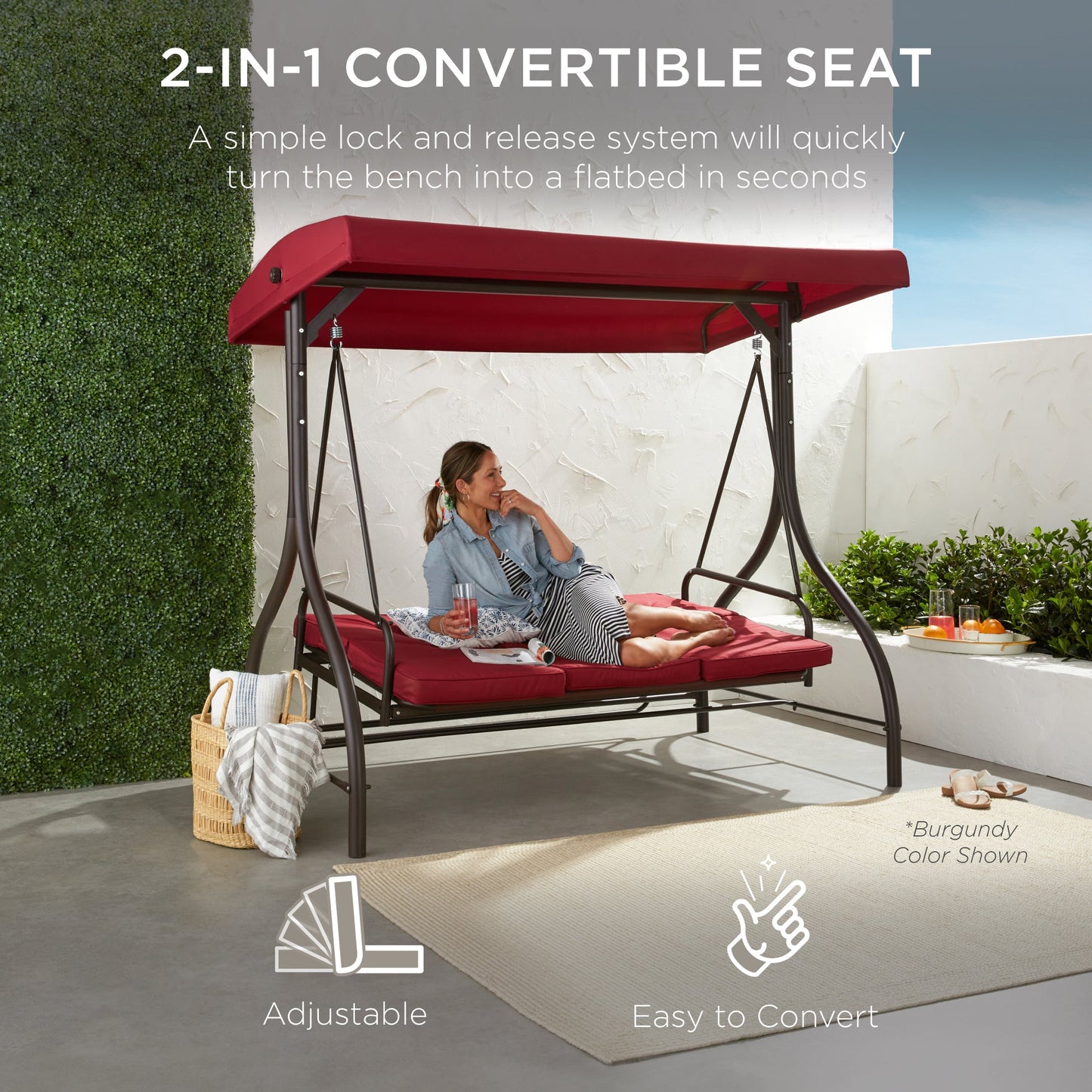 3-Seat Outdoor Canopy Swing Glider Furniture w/ Converting Flatbed Backrest