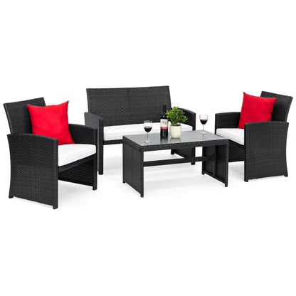 4-Piece Outdoor Wicker Conversation Patio Set w/ 4 Seats, Glass Table Top