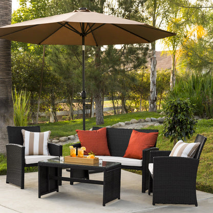 4-Piece Outdoor Wicker Conversation Patio Set w/ 4 Seats, Glass Table Top