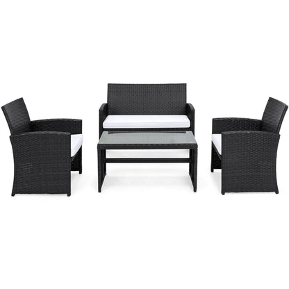 4-Piece Outdoor Wicker Conversation Patio Set w/ 4 Seats, Glass Table Top