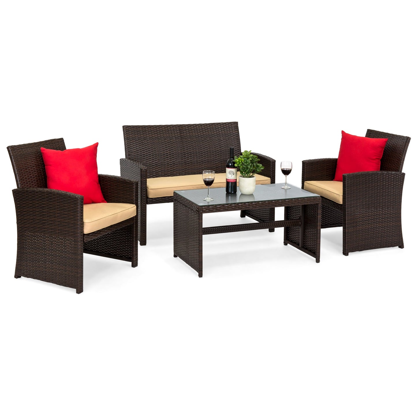 4-Piece Outdoor Wicker Conversation Patio Set w/ 4 Seats, Glass Table Top