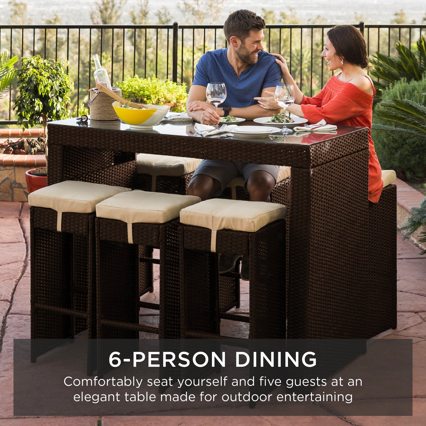 7-Piece Wicker Bar Patio Dining Set w/ Glass Table Top, 6 Stools