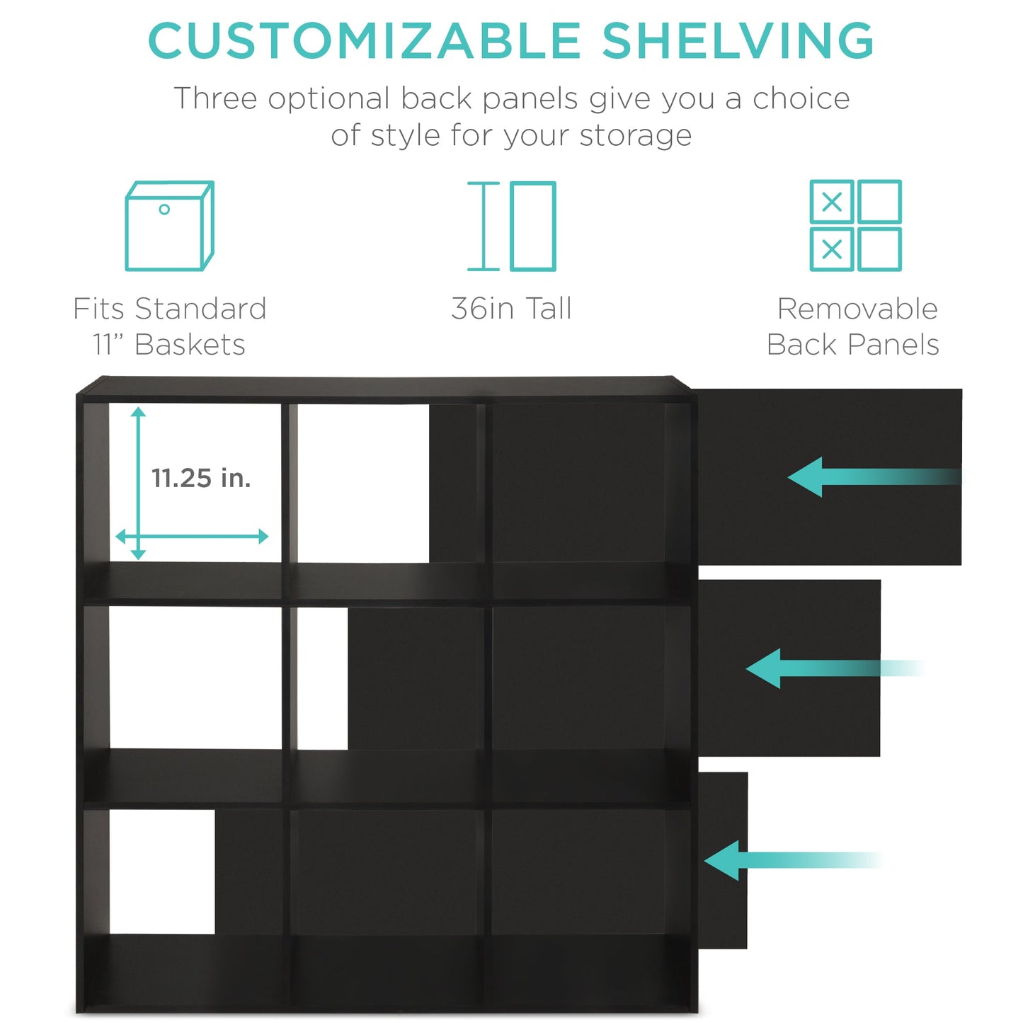 9-Cube Bookshelf Storage Display w/ 3 Removable Panels, Customizable Design