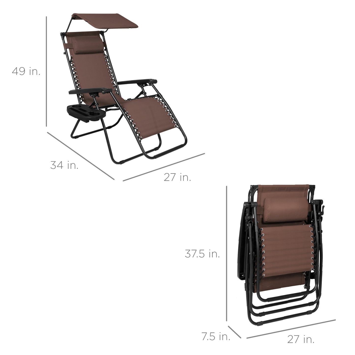 Folding Zero Gravity Recliner Patio Lounge Chair w/ Canopy, Side Tray