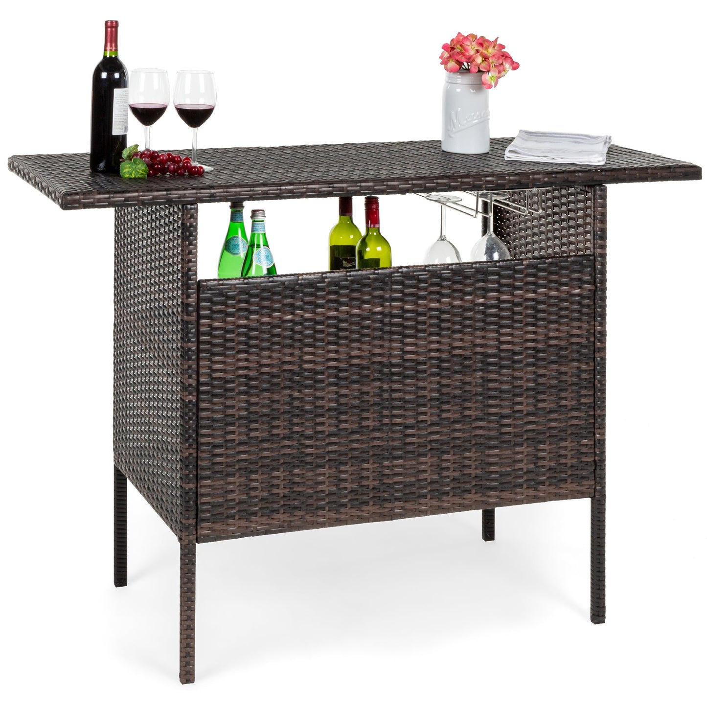 Outdoor Wicker Bar Counter Table w/ 2 Steel Shelves, 2 Rails