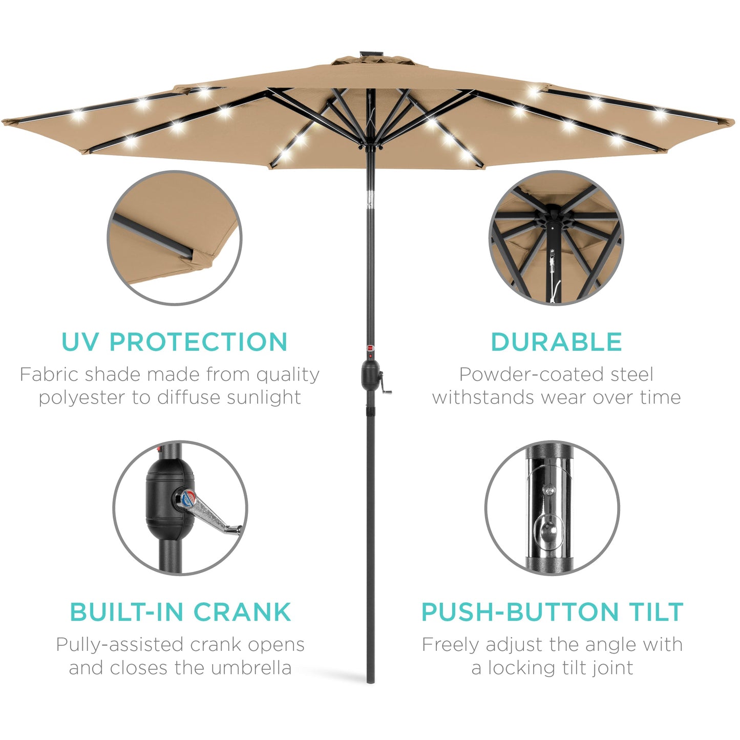 Solar LED Lighted Patio Umbrella w/ Tilt Adjustment, UV-Resistance - 10ft