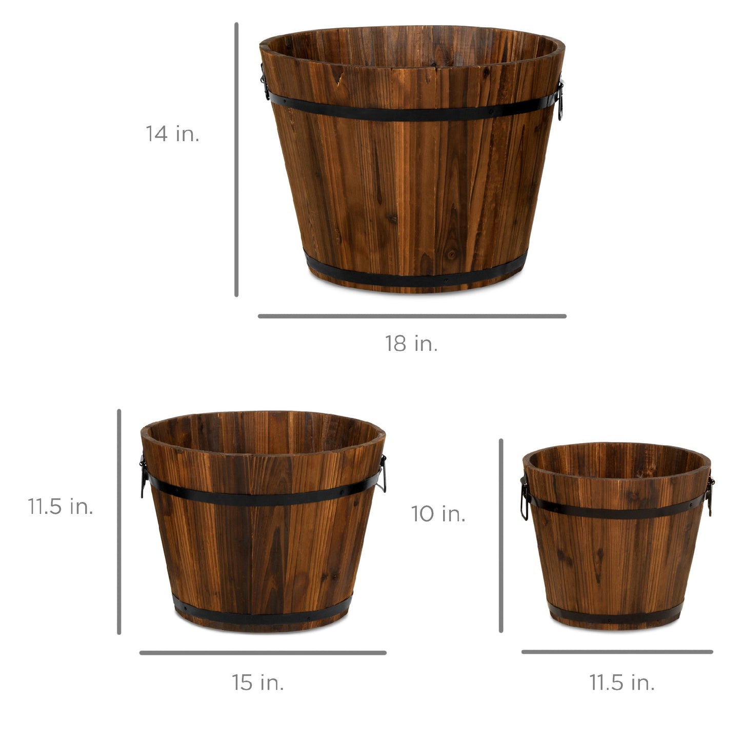 Set of 3 Rustic Wood Bucket Barrel Garden Planters Set w/ Drainage Holes