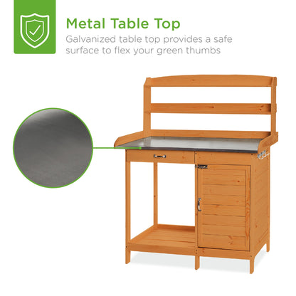 Garden Wooden Potting Bench w/ Metal Table Top - Natural