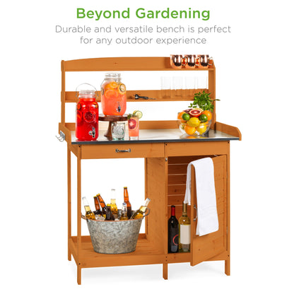 Garden Wooden Potting Bench w/ Metal Table Top - Natural